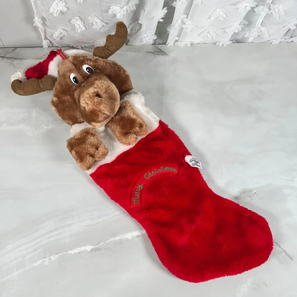 1988 Chrisha Playful Plush Moose Christmas Stocking Reindeer Moose in Santa Hat